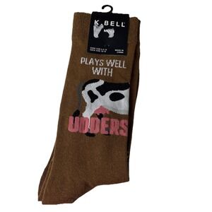 K. Bell Men's Plays Well With Udders Crew Socks 1 Pair, Brown, Men's 10-13 funny